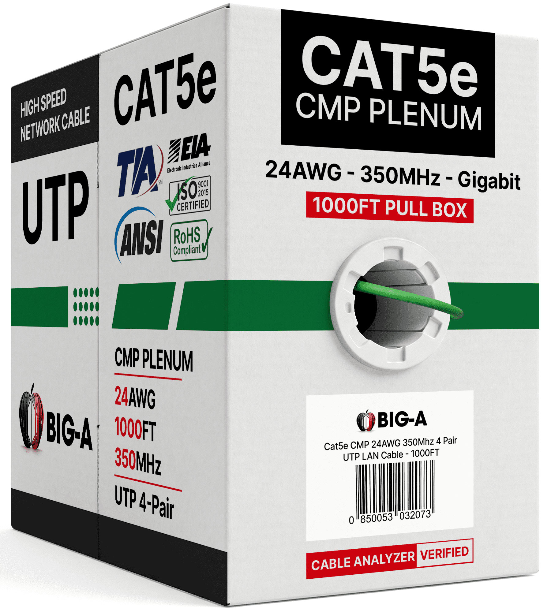 Big-A - 1000ft Cat5e Plenum Ethernet Cable, Green, 350MHz, 24AWG UTP, CMP Rated, Solid Network LAN Cord, Compatible with Printer, Gaming Consoles, Router, VoIP Phones, POE IP Cameras