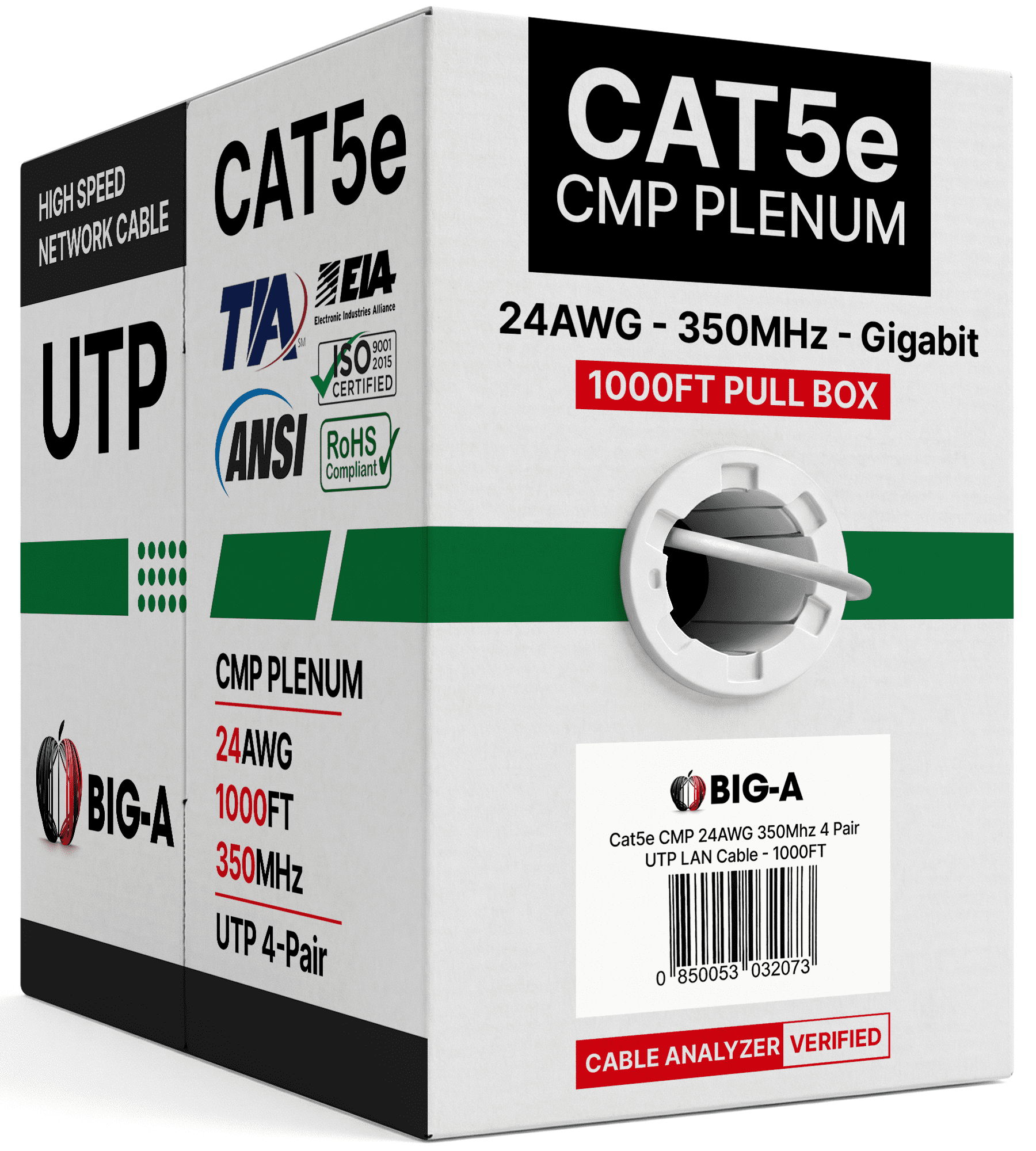 Big-A - 1000ft Cat5e Plenum Ethernet Cable, White, 350MHz, 24AWG UTP, CMP Rated, Solid Network LAN Cord, Compatible with Printer, Gaming Consoles, Router, VoIP Phones, POE IP Cameras