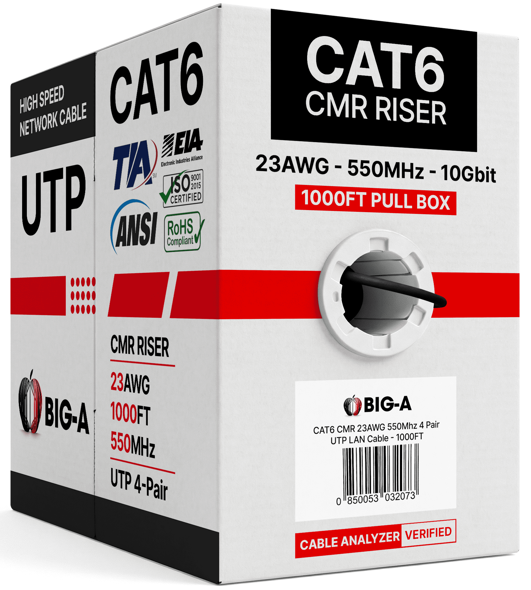 Big-A - Bulk Cat6 Cable 1000ft 23AWG Solid 4 Pair, Cat 6 Ethernet Cable Unshielded Twisted Pair (UTP), (CMR) 550MHz Internet Cord, Pull Box - Black
