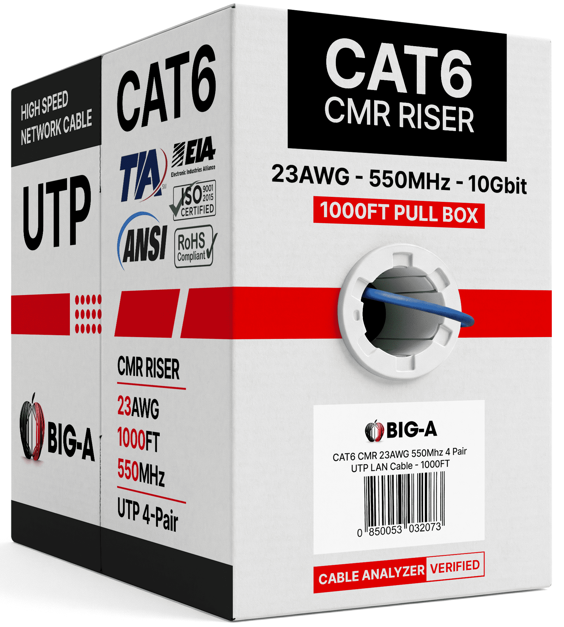 Big-A - Bulk Cat6 Cable 1000ft 23AWG Solid 4 Pair, Cat 6 Ethernet Cable Unshielded Twisted Pair (UTP), (CMR) 550MHz Internet Cable, Pull Box - Blue