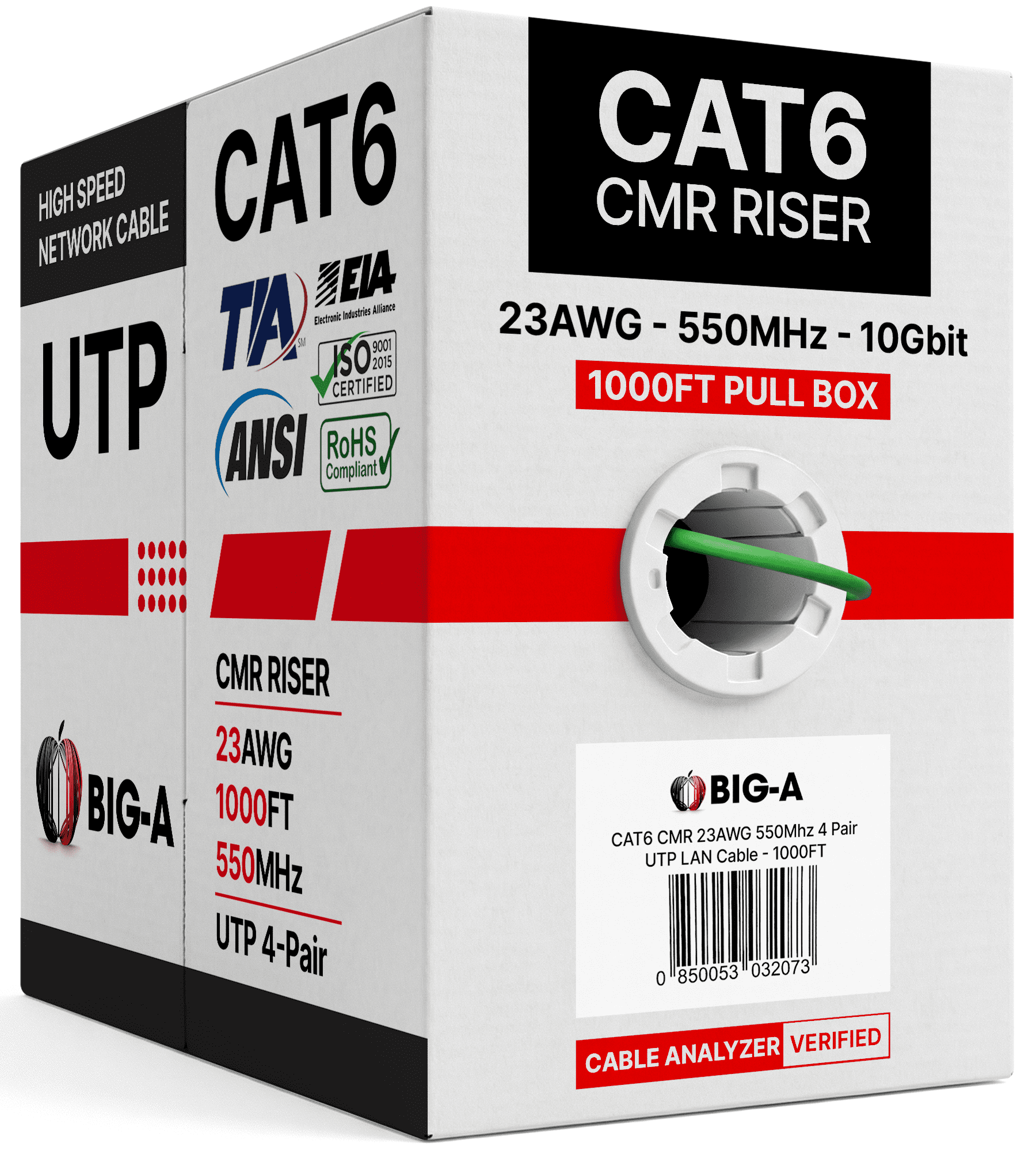 Big-A - Bulk Cat6 Cable 1000ft 23AWG Solid 4 Pair, Cat 6 Ethernet Cable Unshielded Twisted Pair (UTP), (CMR) 550MHz Internet Cord, Pull Box - Black