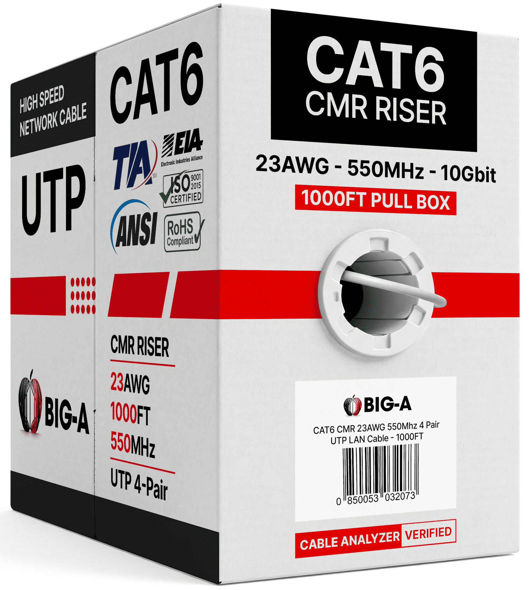 Big-A - Bulk Cat6 Cable 1000ft 23AWG Solid 4 Pair, Cat 6 Ethernet Cable Unshielded Twisted Pair (UTP), (CMR) 550MHz Internet Cord, Pull Box - White