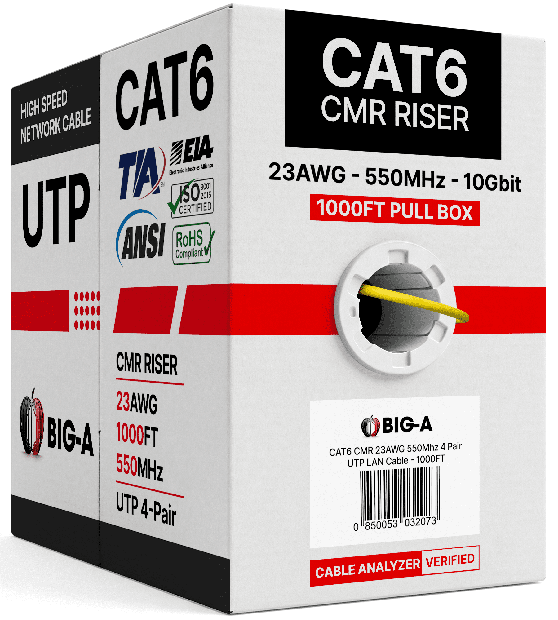 Big-A - Bulk Cat6 Cable 1000ft 23AWG Solid 4 Pair, Cat 6 Ethernet Cable Unshielded Twisted Pair (UTP), (CMR) 550MHz Internet Cord, Pull Box - Yellow