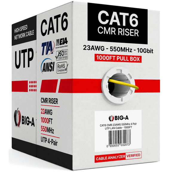 Big-A - Bulk Cat6 Cable 1000ft 23AWG Solid 4 Pair, Cat 6 Ethernet Cable Unshielded Twisted Pair (UTP), (CMR) 550MHz Internet Cord, Pull Box - Yellow