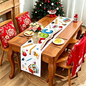 Big Alphabet and Math Stationery 2D Pattern Table Runner,13x48/13x70/13x108 inch,Family Welcome Decor,Learning Theme Table Ornament