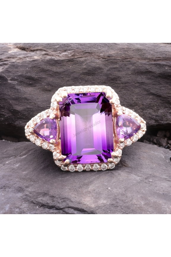 Big Amethyst Wedding Ring Alternative Fine Gold Jewelry Delicate Art Deco Personalized Gifts Trilliant Cut Cluster Birthday Present For Love