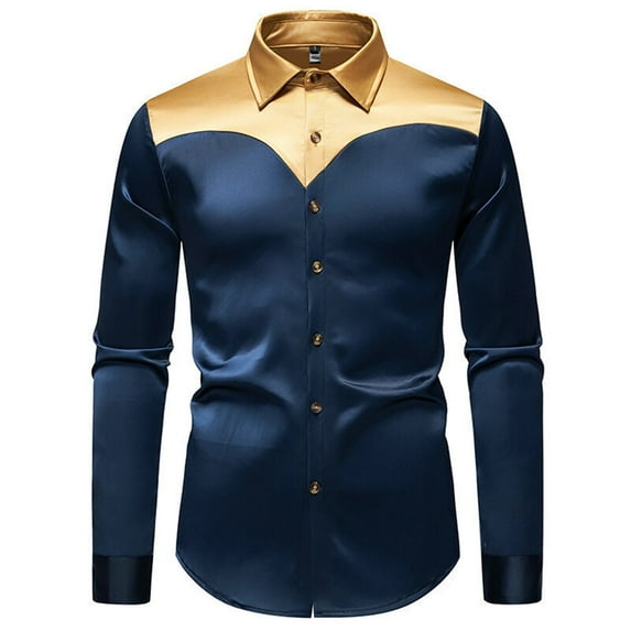 Big And Tall Dress Shirts Men Satin Silk Blend Shirt Contrast Color Fashion Casual Business Dress Shirt Top Mens Work Shirts Navy L