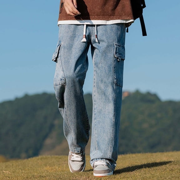 Big And Tall Jeans for Men Straight Leg Elastic Waist Denim Pants Vintage Solid Comfort Street Travel Long Jeans with Pocket Blue XXXL