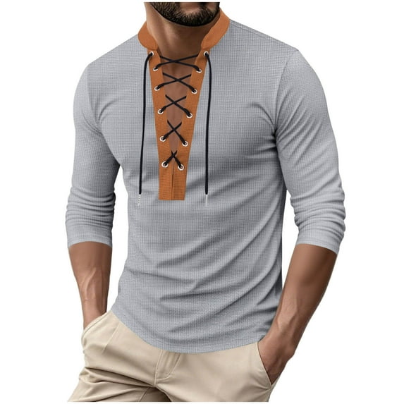 Big And Tall Long Sleeve Shirts for Men Mens Vintage Lace Up V-Neck Long Sleeve Henley T-Shirt
