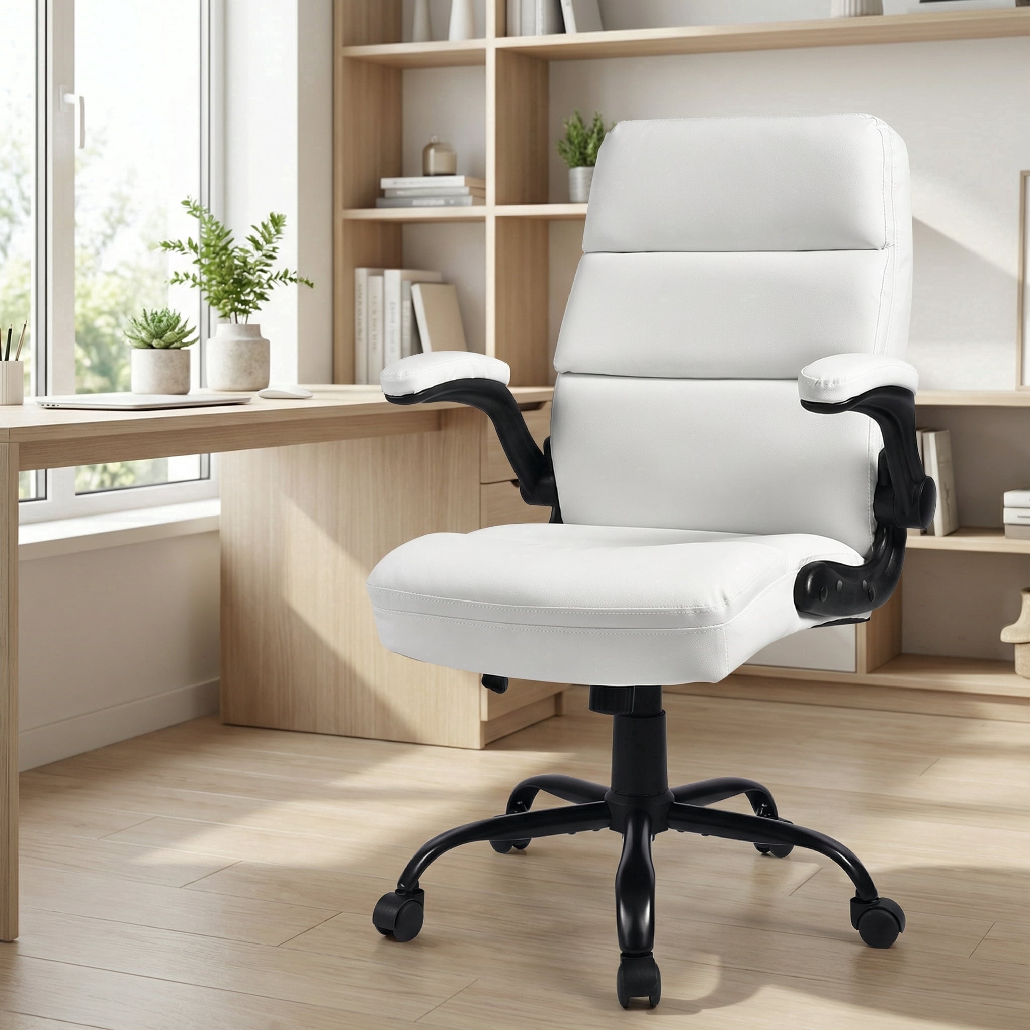 OUTMASTER High Back Leather Executive Office Chair, Ergonomic Desk Chair with Padded Armrests, White