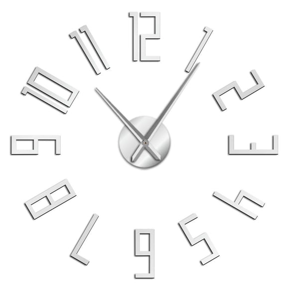 Big Arabic Numerals Frameless Wall Clock Stickers, DIY Modern Decorative Clocks for Living Room, Bedroom, Office - Easy to Install, Large 3D Clock Design (Silver,47in)