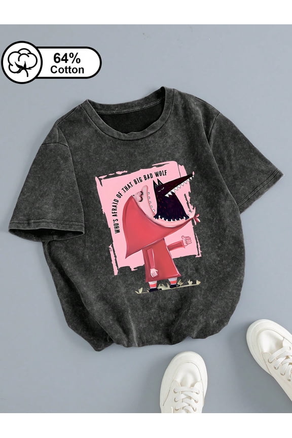 Big Bad Wolf Cartoon Graphic Vintage Oversized Washed High Street Grunge Y2K Short Sleeve Crewneck Cotton Unisex Men's Women's Tee Shirt