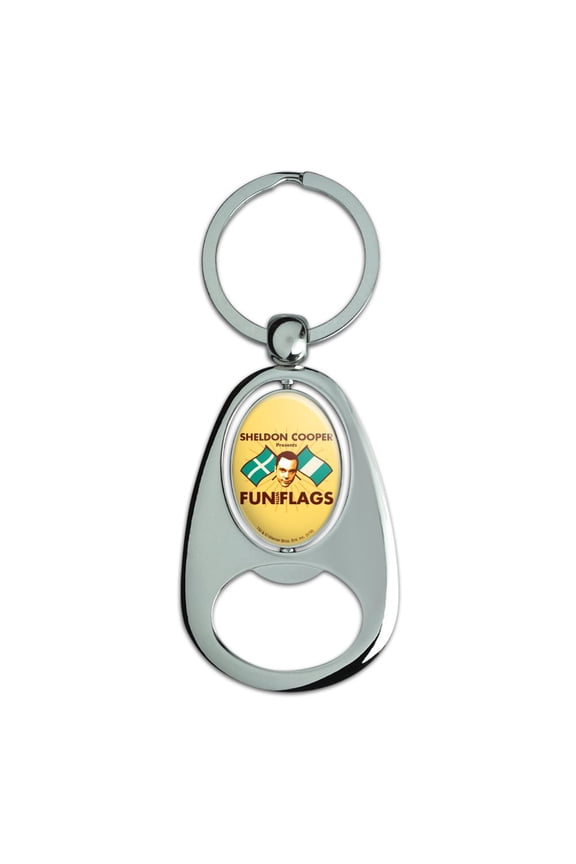 Big Bang Theory Sheldon Cooper Fun with Flags Keychain Chrome Metal Spinning Oval Bottle Opener