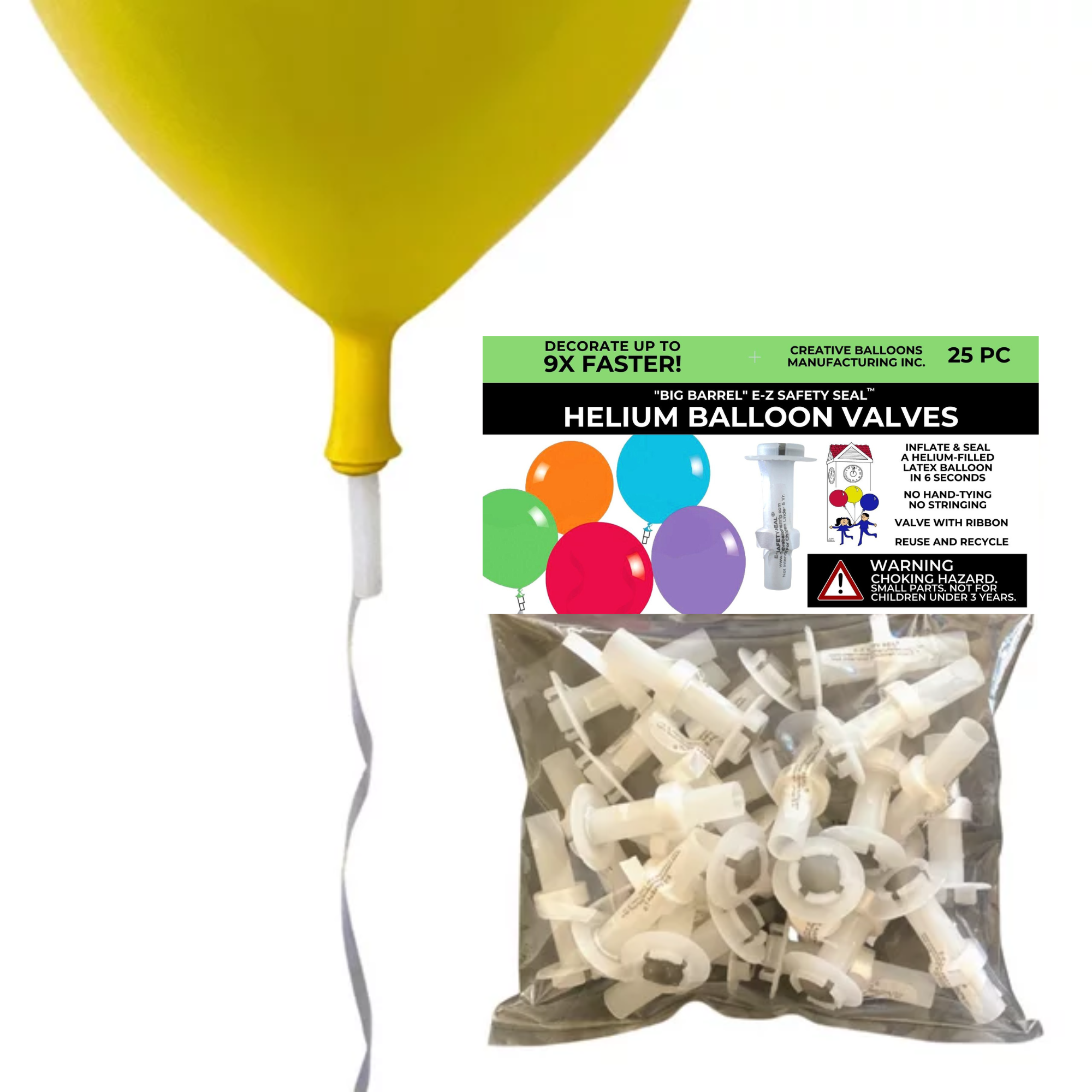 Big Barrel E-Z Safety Seal Helium Balloon Valves - Quickly Seals Latex Balloons - 25 Ct, Clear