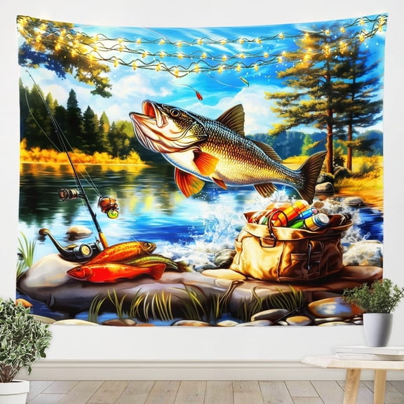 Big Bass Fish Large 59X82 Tapestry For Kids Boys Men,Fishing And Hunting Tapestry Wall Hanging Rustic Lake House Pike Fish Tapestries Wildlife Animal Wall Art Decor For Bedroom