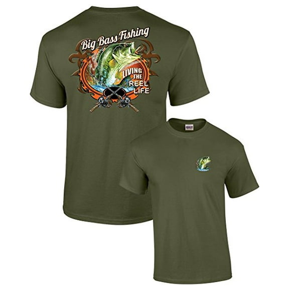 Big Bass Fishing T-shirt Fisherman Outdoors Fish Boating Sporting Sport -Military-Medium