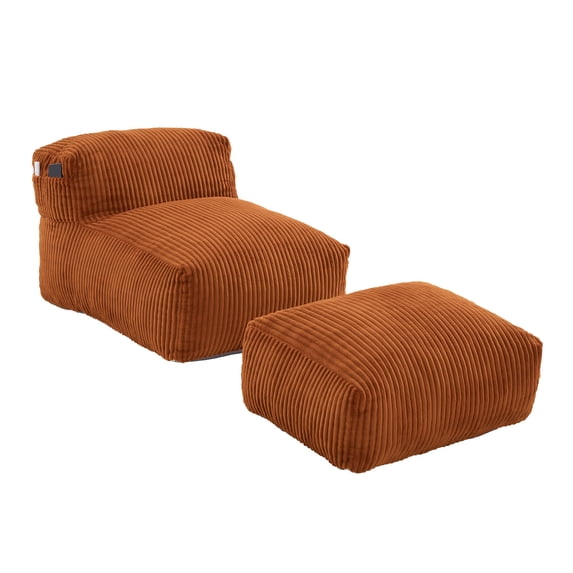 Big Bean Bag Chair for Adults, Lounger Large Bean Bag Sofa, Memory Foam Filled Beanbag Chair for Living Room, Bedroom, Balcony, Comfy Corduroy Bean Bag Chair with Ottoman, Ergonomic Support (Orange)