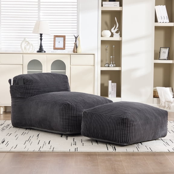 Big Bean Bag Chair for Adults, Memory Foam Lounger Sofa with Ottoman, Comfy Corduroy Beanbag for Living Room, Bedroom, Dark Gray