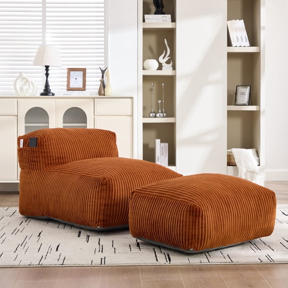Big Bean Bag Chair for Adults, Memory Foam Lounger Sofa with Ottoman, Comfy Corduroy Beanbag for Living Room, Bedroom, Orange