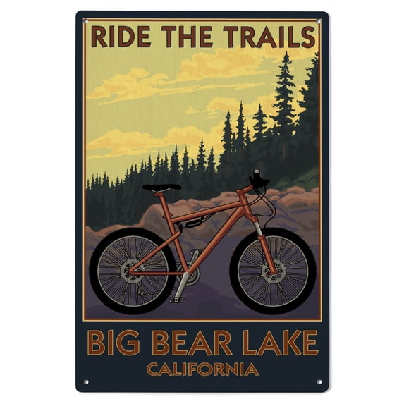 Big Bear Lake, California, Mountain Bike Scene Birch Wood Wall Sign (6x9 Rustic Home Decor, Ready to Hang Art)