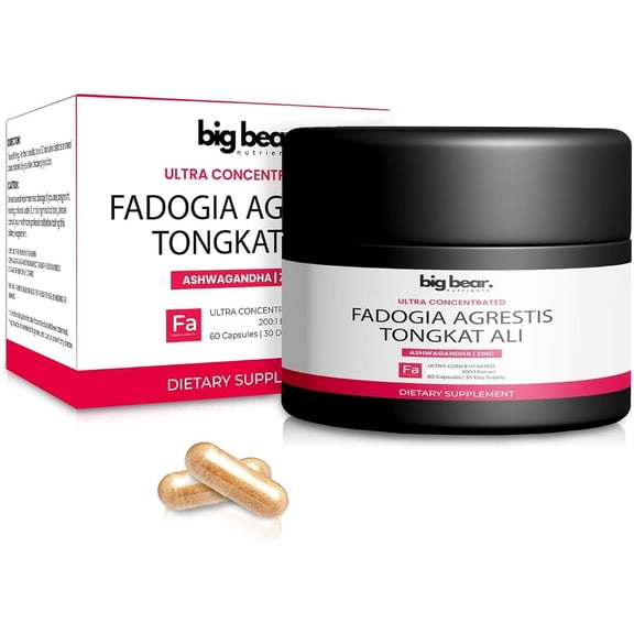 Big Bear Nutrients Fadogia Agrestis & Tongkat Ali Botanical Supplement Capsules with Ashwagandha and Zinc, 60 Capsules (30 Servings)