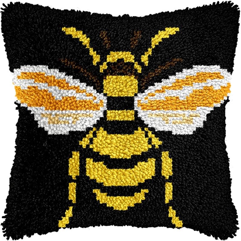 A Big Bee Latch Hook Pillows Kits Cushion Pillow Cover with Pattern Printed Canvas Sofa Hooking Pillowcase Crafts Embroidery Latch Hooking Crochet Kits Set 17x17 inch(1)