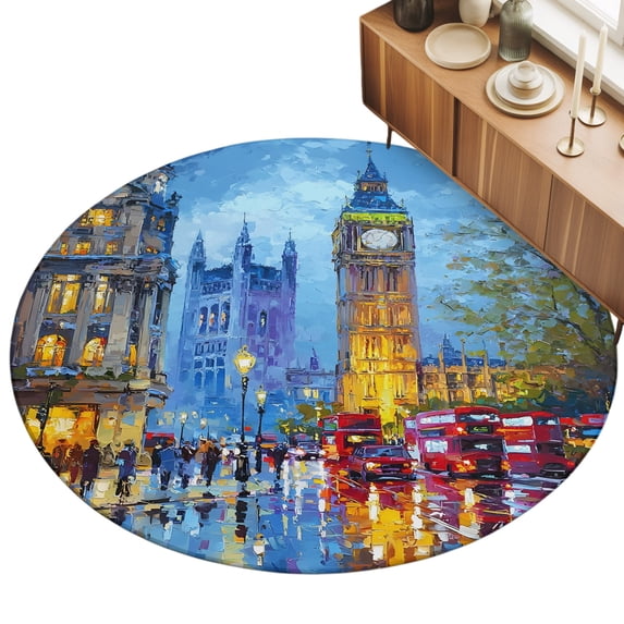 Big Ben Area Rugs 3.3' (Round) Urban Street Red Bus Impressionist Floor ...