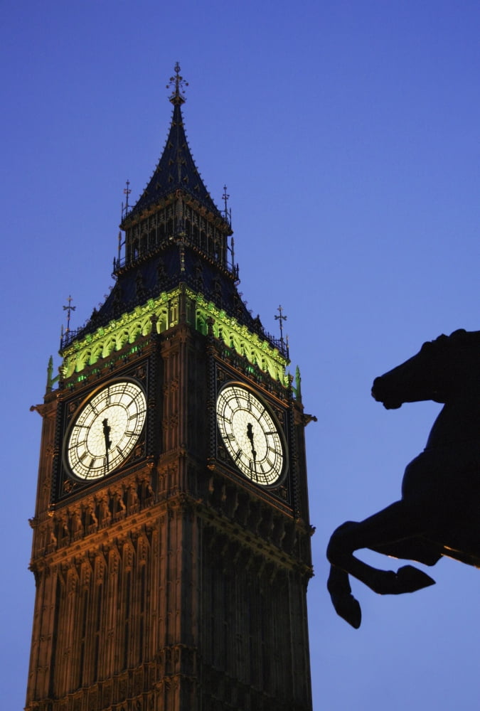 Big Ben At Dusk With Horse Statue In Foreground Canvas Art - Mark Thomas  Design Pics (12 x 18)