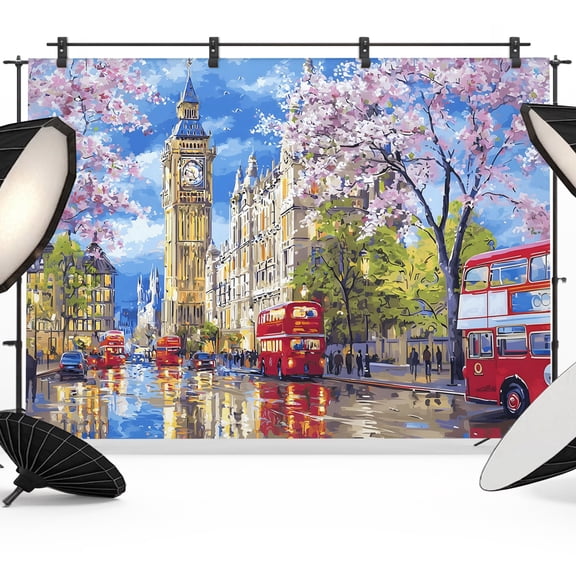 Big Ben Backdrop for Photography, Spring Cherry Blossoms Red Bus Impressionist Photo Backdrop Portrait Background Party Banner Photo Backgrounds for Studio Booth Props, 7x5ft