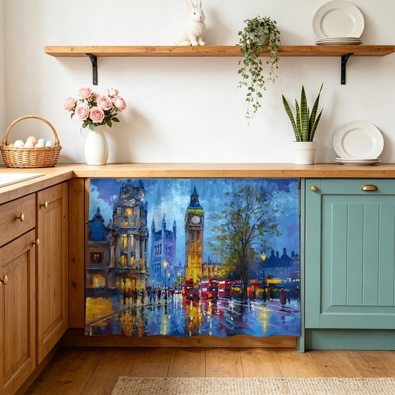 Big Ben Cabinet Curtains 10" W x 11" L, Urban Street Red Bus Impressionist Under-Desk Privacy Dust Proof Drape Dishwasher Curtain Sink Skirt for Kitchen Closet Bathroom Laundry