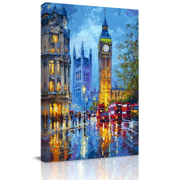 Big Ben Canvas Wall Art for Living Room, Urban Street Red Bus Impressionist Wall Decor Framed Artwork Pictures Ready to Hang for Bedroom Office Home Decor