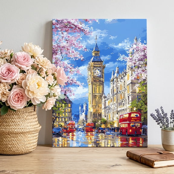 Big Ben Canvas Wall Art, Spring Cherry Blossoms Red Bus Impressionist Framed Canvas Wall Decor Picture Print Artwork Decorations for Living Room Office Ready to Hang 10" x 8"