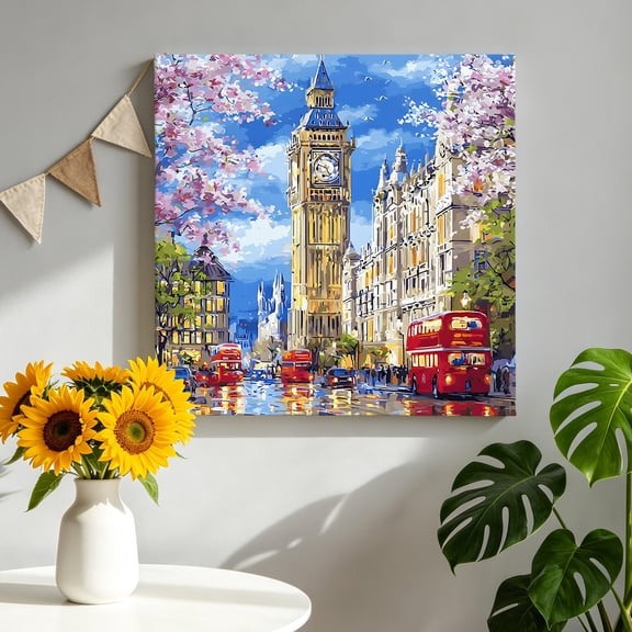 Big Ben Canvas Wall Art, Spring Cherry Blossoms Red Bus Impressionist Pictures Wall Decor Wooden Framed Artwork Art Prints for Living Room Hallway Bedroom Office 8"x8"