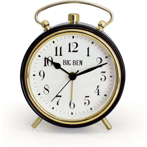 Big Ben Classic Battery Operated Alarm Clock with Luminous Hands Large Easy Read Dial Loud Alarm Vintage Metal Case Glass Lens Black Gold Trim