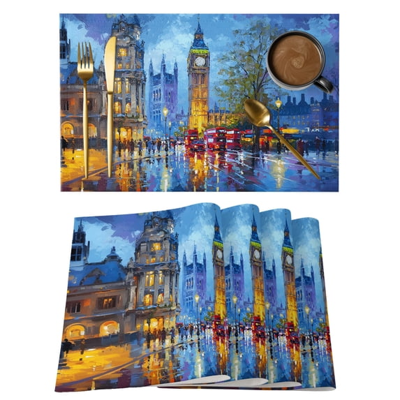 Big Ben Cotton Linen Placemats Set of 1, Urban Street Red Bus Impressionist Washable Table Place Mats Heat Insulating Placemat for Dining Room Kitchen Daily Use 13 x 19 Inch