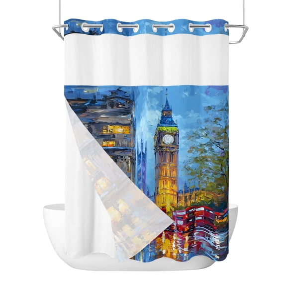 Big Ben No Hook Shower Curtain with Snap in Liner, Urban Street Red Bus ...