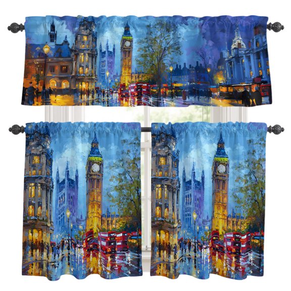 Big Ben Kitchen Curtains Set for Windows, Urban Street Red Bus Impressionist Curtains Valance and Tier 3 Piece Set Small Drapes 24 Inch Length for Kitchen Bedroom Decor