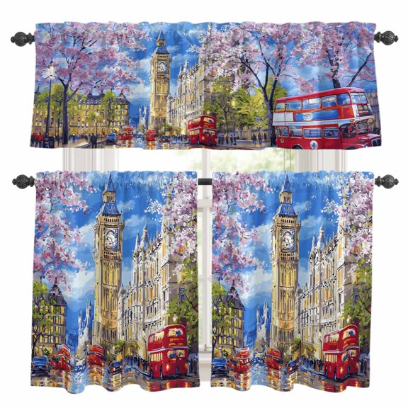 Big Ben Kitchen Curtains and Valances Set, Spring Cherry Blossoms Red Bus Impressionist Rod Pocket Window Valance Window Curtain Panels for Living Room Bedroom Laundry, 27.5x24in, 3 Pieces