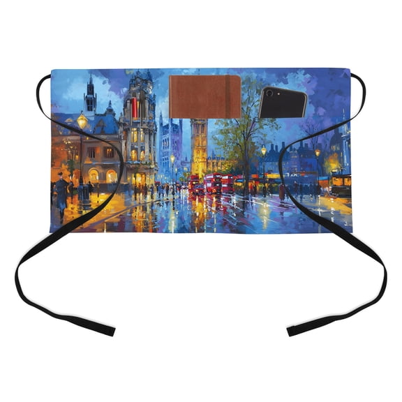 Big Ben Kitchen Restaurant Half Waist Apron, Urban Street Red Bus Impressionist Server Short Apron with 3 Pockets Waterproof Oil Waist Aprons for Women Waitress Waiter