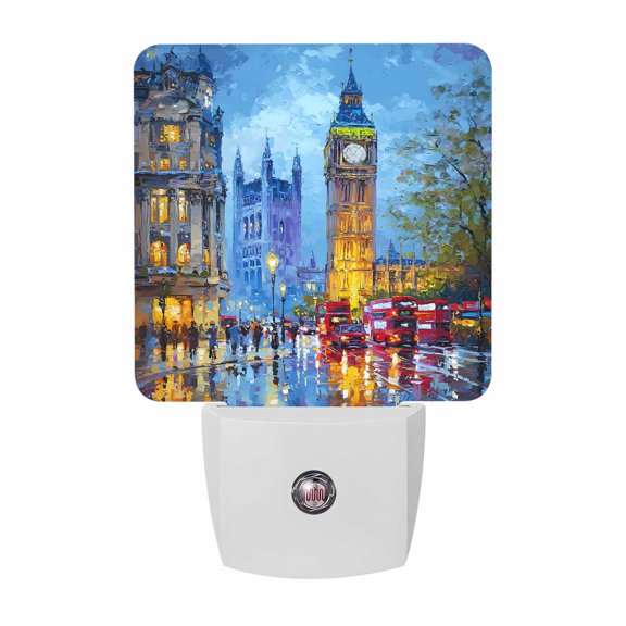 Big Ben LED Night Light, Urban Street Red Bus Impressionist Night Lights plug into Wall with Smart Sensor Dusk to Dawn Sensor for Nursery Bedroom 2.95x4.5in