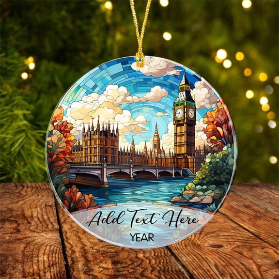Big Ben London Clock Tower Stained Glass Style Ornament, Personalized Big Ben Christmas Acrylic Ornament, London Keepsake Gift for Travel Lover Family, Custom Text & Year Landscape Ornaments 2025