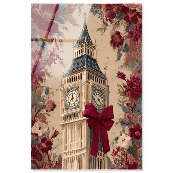 Big Ben Maroon Bow and Floral Acrylic Print Glam Wall Art by Art Remedy, Ready to Hang, 30 x 45