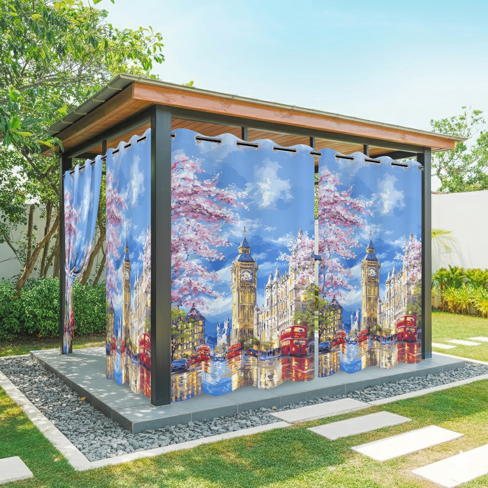 Big Ben Outdoor Curtains for Patio, Spring Cherry Blossoms Red Bus Impressionist Sunshade Privacy Drapes Grommet Waterproof Outside Curtains for Porch/Cabana/Balcony 54"x 108", 1 Panel