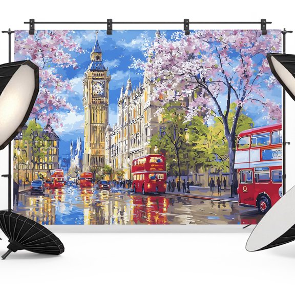 Big Ben Photography Backdrop 7x5FT, Spring Cherry Blossoms Red Bus Impressionist Photo Backdrops, Background for Photography Studio Photo Studio Background, Back Drop for Photoshoot