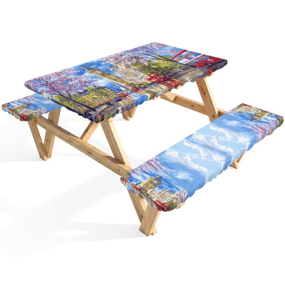 Big Ben Picnic Table Cover with Bench Covers Spring Cherry Blossoms Red Bus Impressionist Waterproof Fitted Picnic Tablecloth 3 Pieces Set Table Cloth for Outdoor Camping Garden BBQ