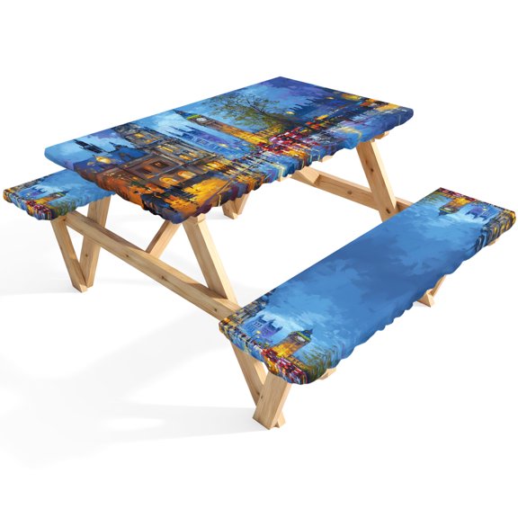 Big Ben Picnic Table Cover with Bench Covers Urban Street Red Bus Impressionist Waterproof Fitted Picnic Tablecloth 3 Pieces Set Table Cloth for Outdoor Camping Garden BBQ