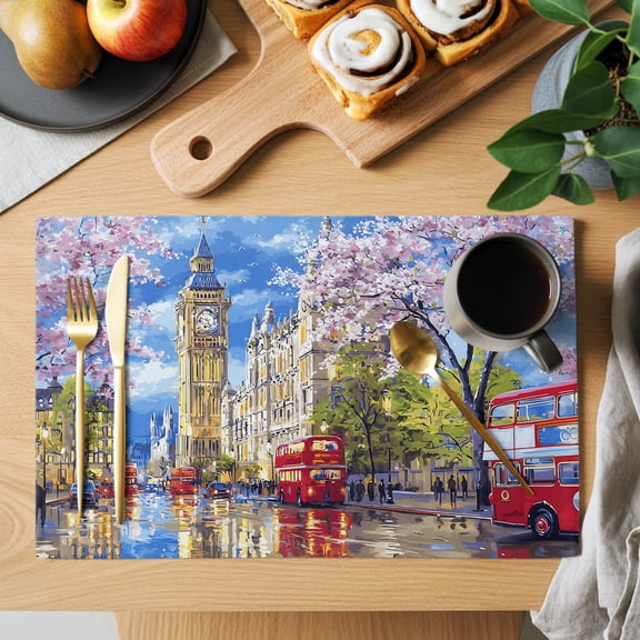 Big Ben Placemats Set of 1, Spring Cherry Blossoms Red Bus Impressionist Non-Slip Place Mats Washable Table Mats for Kitchen Dining Table Decorations Indoor/Outdoor
