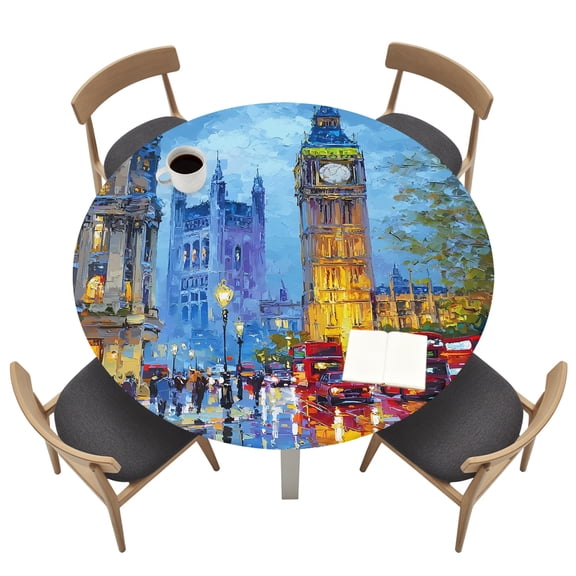 Big Ben Round Fitted Table Cover Urban Street Red Bus Impressionist Waterproof Table Cloth with Elastic Edge Wipeable Tablecloth for Picnic Camping Party Fits 36"-44" Tables