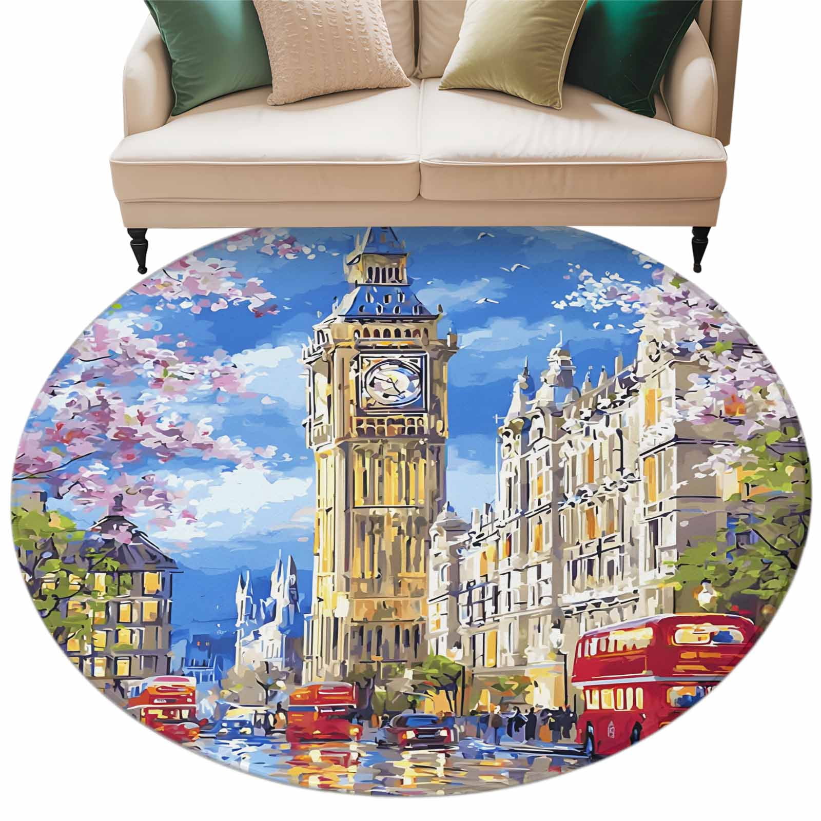Big Ben Round Living Room Rugs 8 ft, Spring Cherry Blossoms Red Bus ...