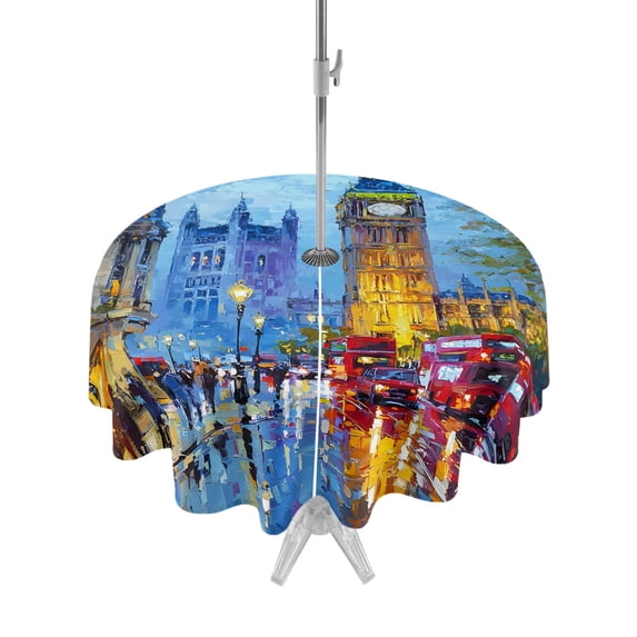 Big Ben Round Outdoor Tablecloth with Umbrella Hole Urban Street Red Bus Impressionist 54 Inch Round Waterproof Table Cover Zippered Table Cloth for Garden Patio